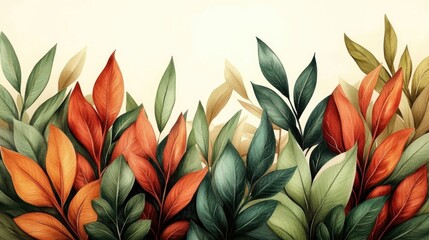 Vintage botanical watercolor design featuring vibrant autumn leaves, ideal for various printed materials with ample copy space for customization.