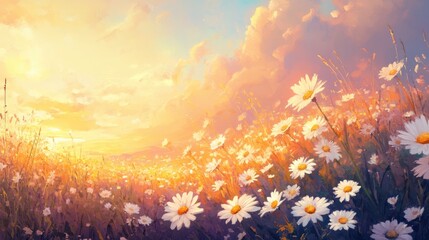 Fototapeta premium Radiant summer sunrise casting golden light over a vibrant field of daisies under a colorful sky with soft clouds and lush greenery.