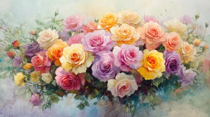 A vibrant bouquet of roses in soft pastel colors, arranged in a classic style with romantic elegance, featuring gentle hues of pink, yellow, and peach.