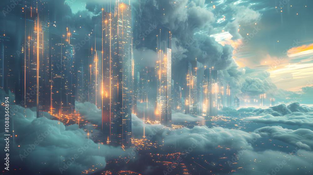 Poster generative ai image of futuristic attractive city with skyscrapers resorts clouds and stars in sky w