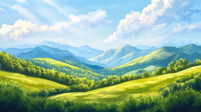Lush summer landscape panorama featuring rolling green hills, vibrant foliage, and a serene sky with soft clouds under bright sunlight.