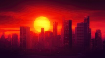 Vibrant sunset casting warm hues over a modern city skyline, featuring silhouetted skyscrapers against a striking orange and red sky.