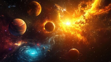 Planets Align with Astrological Zodiac Symbols Against a Vibrant Cosmic Background, Featuring Nebulae and Galactic Wonders