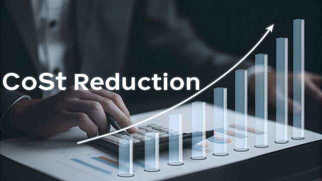 Cost reduction concept. Businessman working on company cost saving. Cost wording on decrease money with down arrow ,business person holding a graph.AI GENERATED