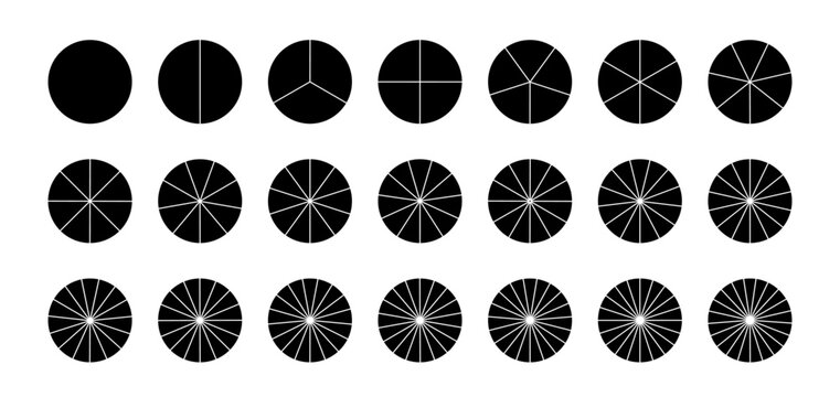 Circular chart with 21 sectors, pie or pizza slice icon. Wheel division into fractions. Vector black illustrations