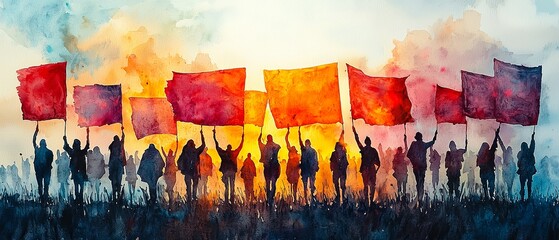Watercolor Scene of Peaceful Protest at Dusk