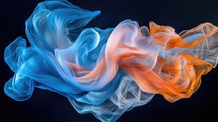 Fototapeta premium Vibrant swirling patterns of blue, orange, and pink inks gracefully undulating against a striking dark backdrop, creating an elegant visual spectacle.