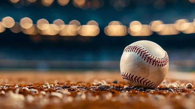Close-up of a baseball resting on the pitcher's mound with the stadium in the background