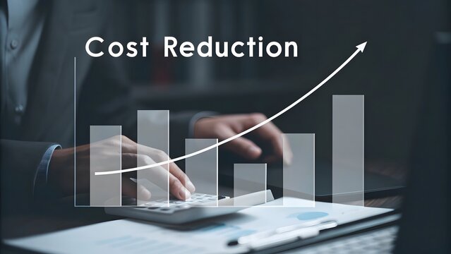 Cost reduction concept. Businessman working on company cost saving. Cost wording on decrease money with down arrow ,business person holding a graph.AI GENERATED