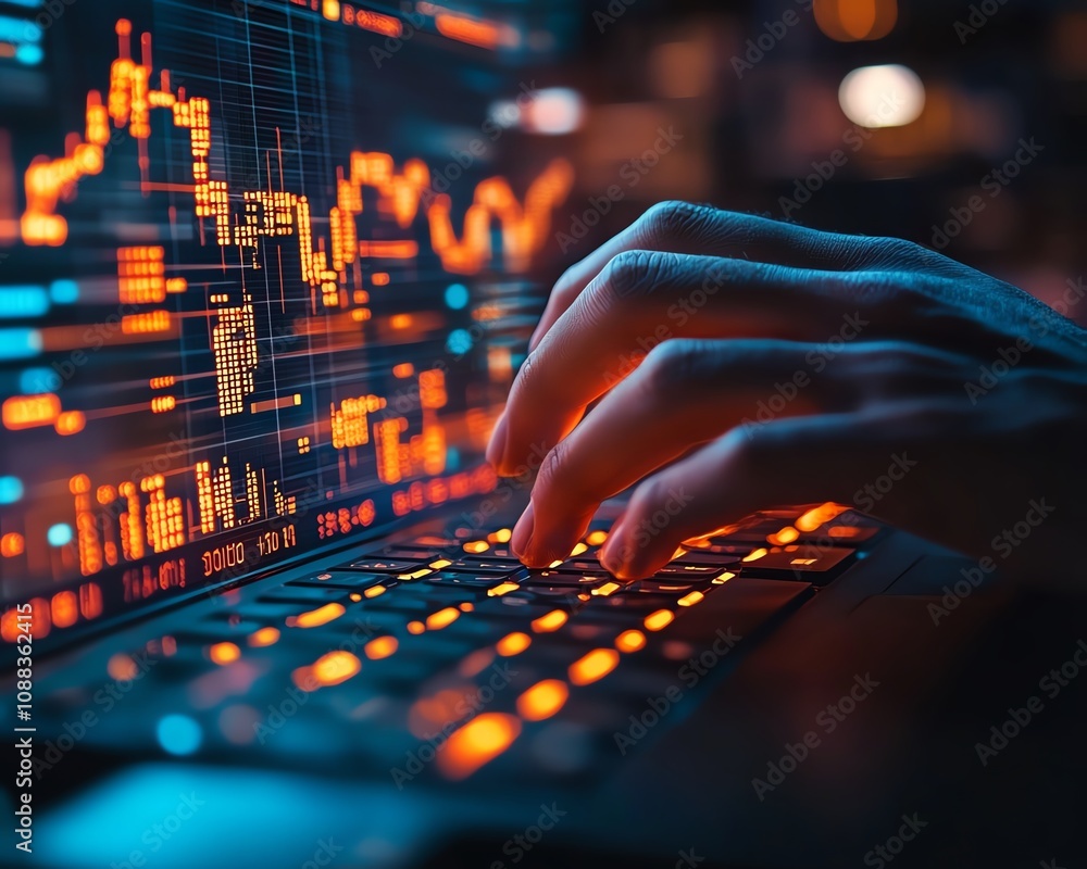 Aufkleber closeup of male hands on keyboard with glowing business chart and ai binary code nodes, blurry backg