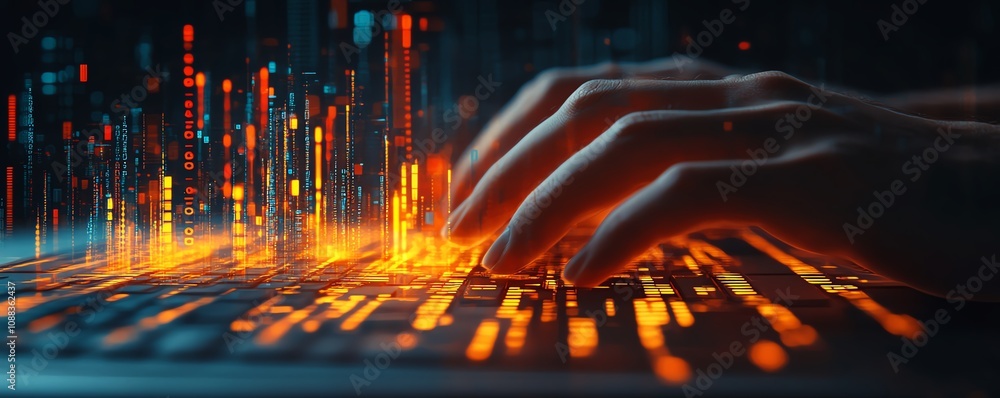 Poster closeup of male hands on keyboard with glowing business chart and ai binary code nodes, blurry backg