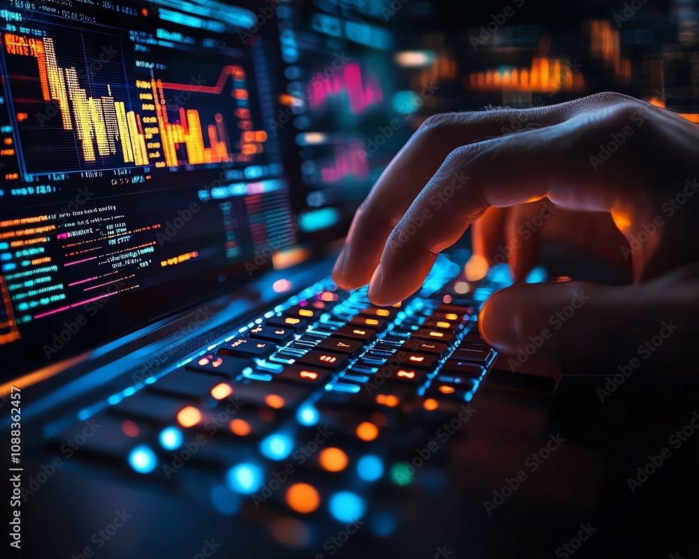Poster closeup of male hands on keyboard with glowing business chart and ai binary code nodes, blurry backg