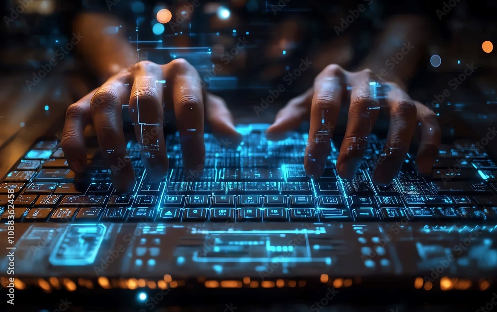 Poster closeup of male hands typing on keyboard with glowing business chart and ai binary code nodes, blurr