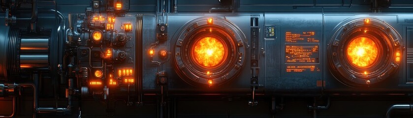 Obraz premium Futuristic Industrial Machine with Glowing Orange Lights and Complex Control Panels in a High-Tech Environment
