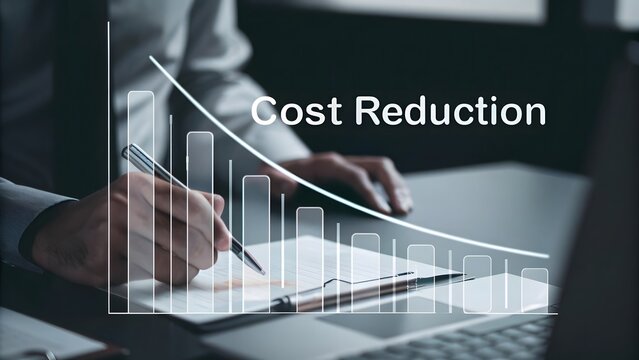 Cost reduction concept. Businessman working on company cost saving. Cost wording on decrease money with down arrow ,business person holding a graph.AI GENERATED