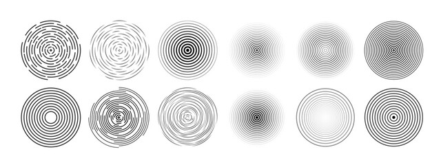 Radial signal, sonar wave, geometric icons collection. Line circles vector set.
