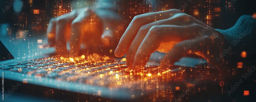 Aufkleber Male hands typing on keyboard with glowing business chart and binary code nodes, blurry background, virtual finance, and marketing concept, double exposure