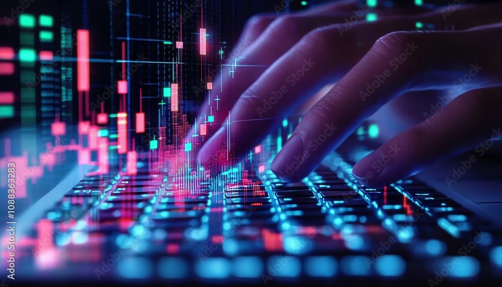 Poster Male hands typing on keyboard with glowing business chart and binary code nodes, blurry background, virtual finance, and marketing concept, double exposure