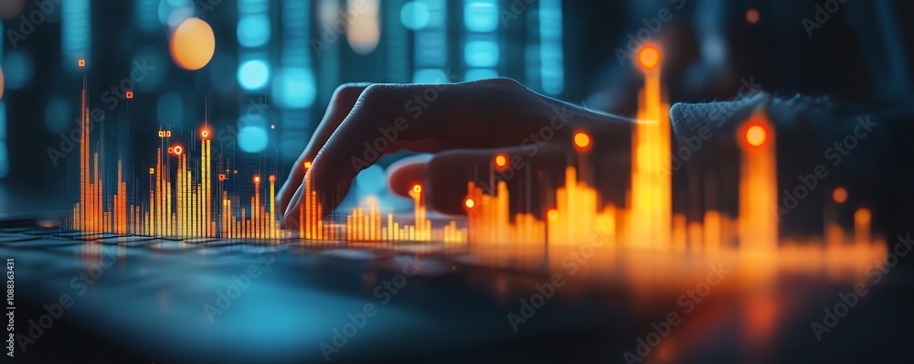 Poster male hands using keyboard with creative glowing business chart and binary code nodes, blurry backgro