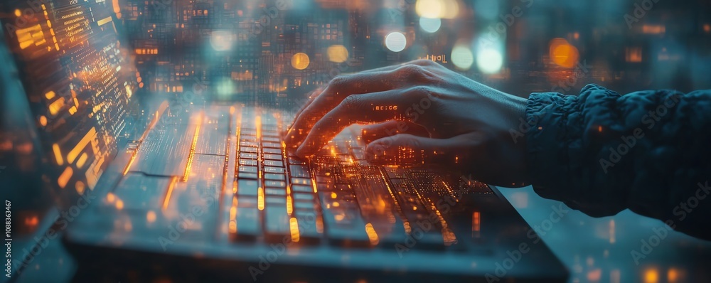 Poster male hands using keyboard with creative glowing business chart and binary code nodes, blurry backgro