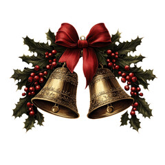 Two golden bells adorned with holly leaves, red berries, and festive red bows, symbolizing traditional Christmas decorations in a retro illustration style, isolated on a transparent background.