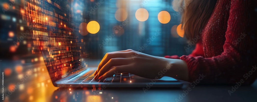 Poster Backlit female hands typing on notebook with glowing business chart and binary code nodes, blurry background, virtual marketing, financial analysis concept, double exposure