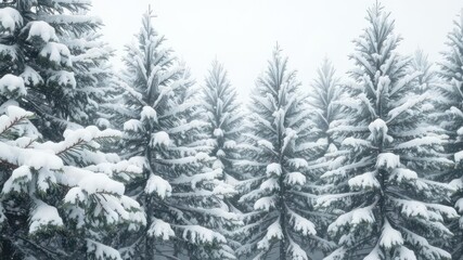 Snow-covered pine trees in a winter wonderland with soft, falling snowflakes, snowflakes, season