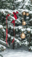 Soft focus image of a snowy pine tree forest with a red ribbon and gold ornaments hanging from the branches, creating a festive Christmas background, snowy, serene