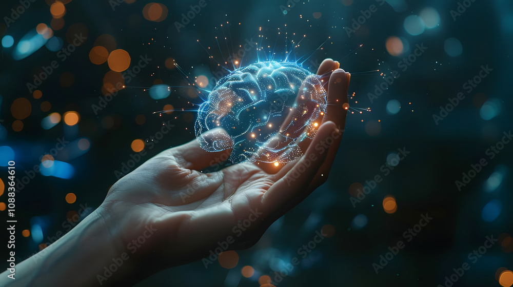 Poster hand touching brain of ai, symbolic, machine learning, artificial intelligence of futuristic technol