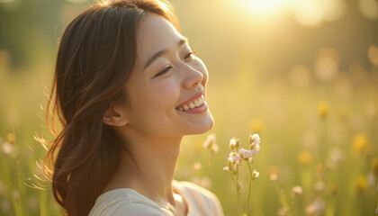 Naklejka premium Young Asian lady in the meadow. Makeup free, serene young models. Many uses from health to social