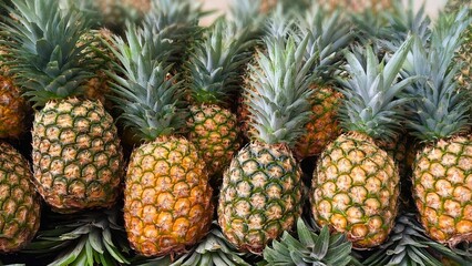 Pile of ripe pineapples ready for sale, highlighting the freshness of tropical fruit  
