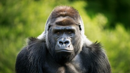 Majestic gorilla staring directly at the camera with a lush green background  
