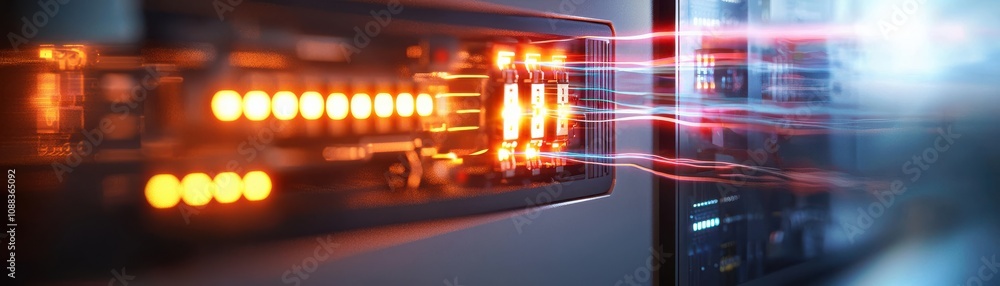 Poster server lights, indicating data transfer and connectivity in a digital environment.