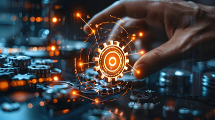 Fototapeta premium Hand-touching digital web development and design interface. Optimization of business and industrial process workflow and automation. Development of websites for automation managem