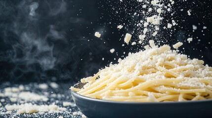 Cheese sprinkled on delicious pasta kitchen food photography cozy setting culinary delights