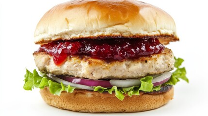 A classic turkey burger with a seasoned turkey patty, melted provolone cheese, cranberry sauce