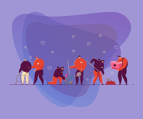 Volunteering and charity concept. Volunteers collecting donations, planting trees, taking care about nature, giving help and support to senior people. Vector illustration in flat style