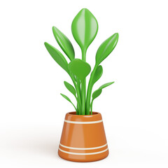 3d plant in flower pot for house and office interior decor. Green palm tree with branches and leaf, houseplant in brown ceramic flowerpot for home garden. Cartoon isolated render icon. 3D illustration