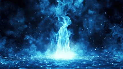 A tall blue flame surrounded by white sparks, creating a cool and powerful atmosphere.