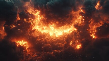 Fototapeta premium Flames and large explosions shoot up into the sky, creating dark black smoke and sparks that spread into the air, giving a sense of power and danger.