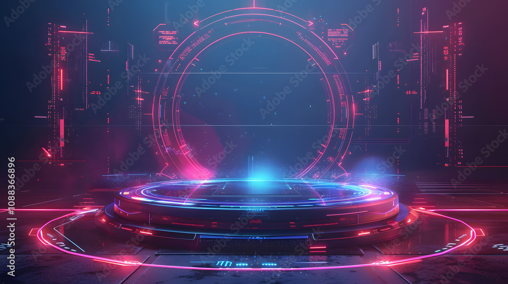 Fototapete horizontal abstract holograms with hud interface. blank cyberspace with futuristic elements. circle 