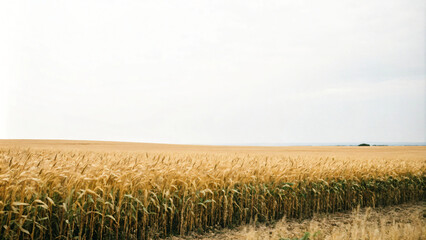 Naklejka premium Golden corn field sways in the summer breeze, painting a rural landscape with a winding road beneath a vast blue sky