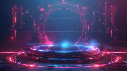 Horizontal abstract holograms with HUD interface. Blank cyberspace with futuristic elements. Circle elements Sci-fi podium for show product in cyberpunk style. 3D holograms HUD