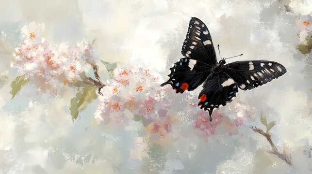 A black butterfly with red spots rests on delicate pink blossoms.