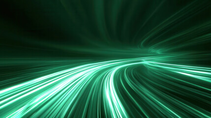 Dynamic emerald green light trails create futuristic speed curve, evoking sense of motion and energy. abstract design suggests technology and innovation in digital landscape