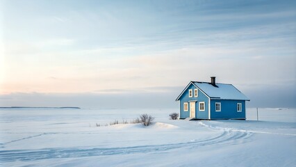 Serene blue cabin nestled in a vast, snow-covered landscape under a pale, tranquil sky, evoking peace and winter solitude.