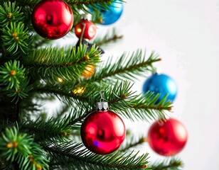 Obraz premium A colorful Christmas tree with green pine branches, red and blue ornaments, and a star on top, white background