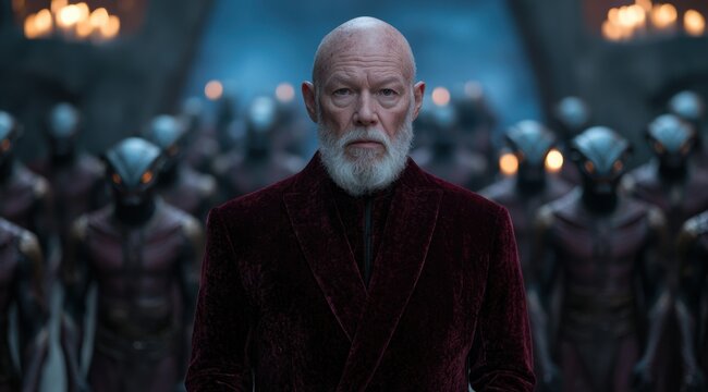 Elderly man with a long white beard wearing a burgundy velvet coat