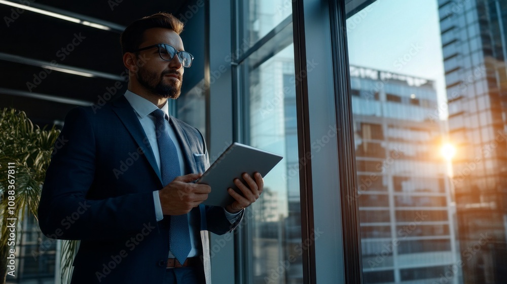 Poster a man in a suit holding a tablet in front of a window