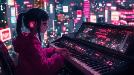 Obraz premium A young Asian girl plays a keyboard with a neon cityscape backdrop at night.